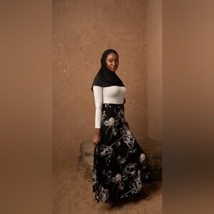 Floral Lines Black and White Maxi Skirt